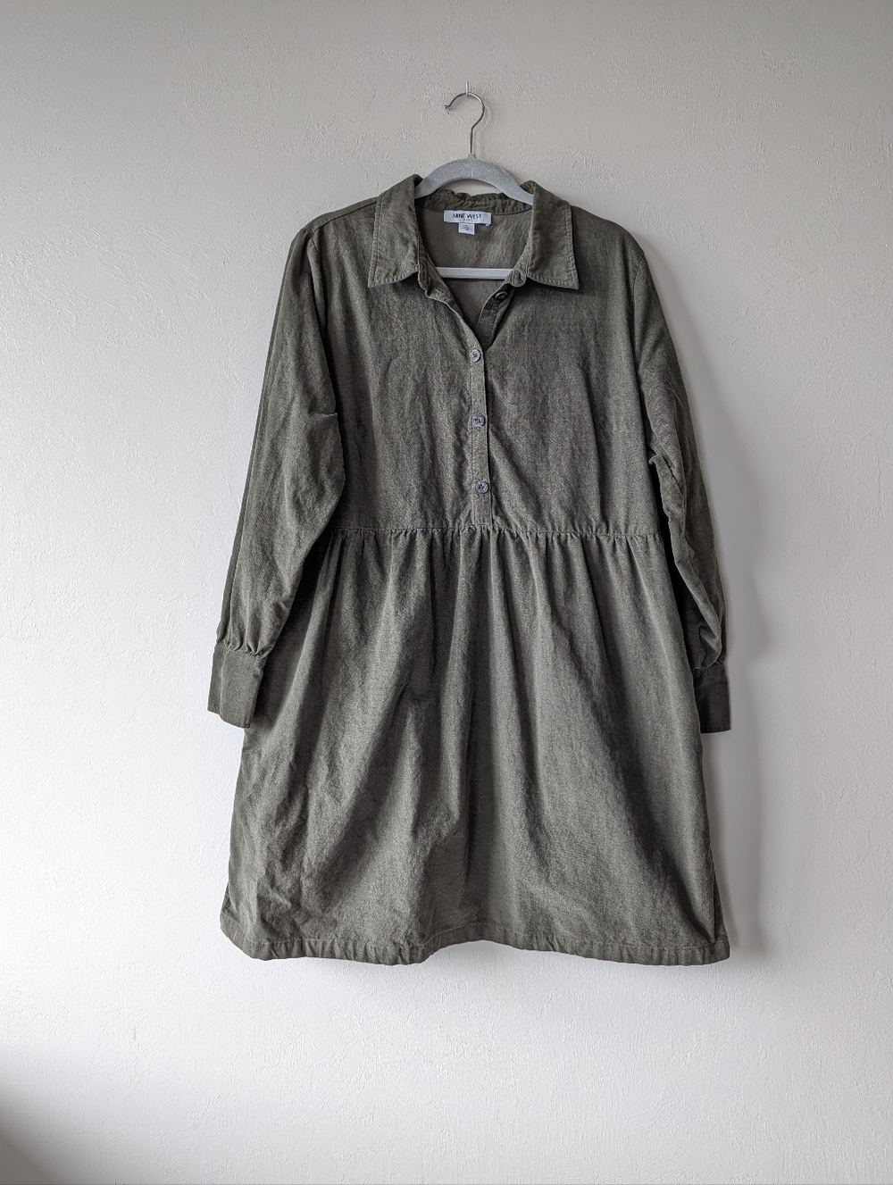 Nine West Smock Olive Green Long Sleeve Quarter Buttons Dress Size XL Cotton